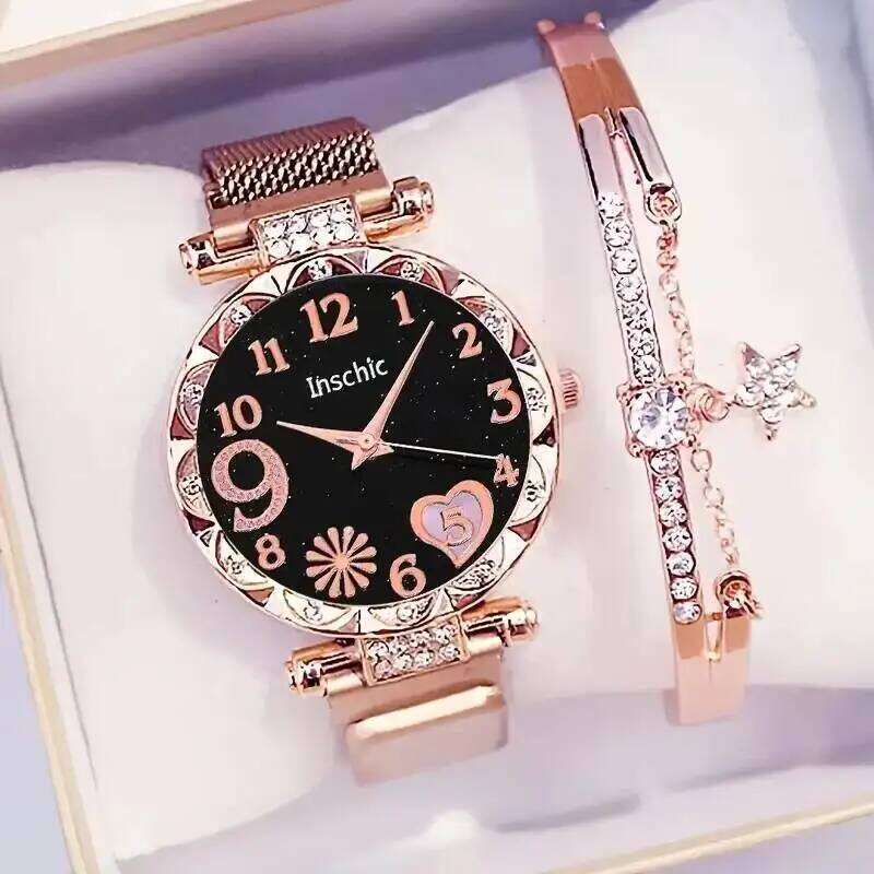 2PCS Fashion Women's es Magnet Buckle Mesh Strap Analog Quartz Star Set Reloj Mujer H260228-image-1095902452
