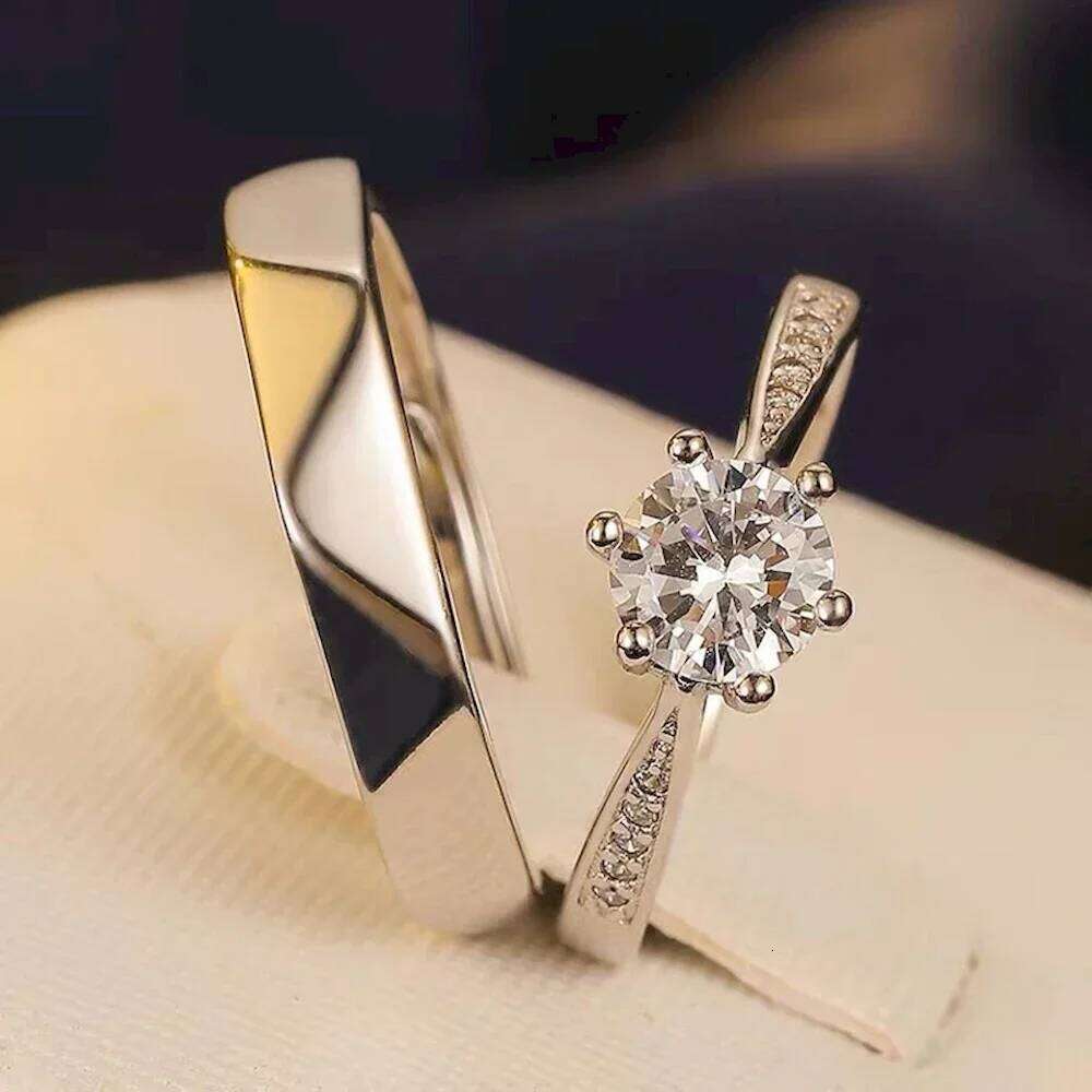 Pair Classic Rhombus Six Claws Couple Rings Copper Plated Platinum 1 Ct. Men Women Finger Jewelry Wholesale Drop Shipping H2602228-image-1095884271