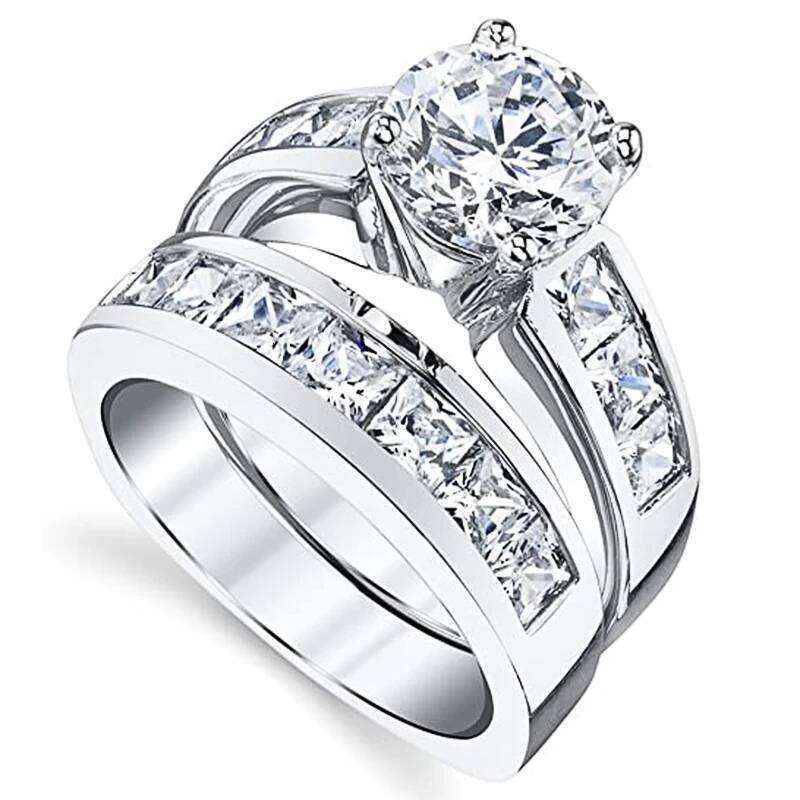 Huitan Round/Princess Cubic Zirconia 2Pcs Set Rings Women Luxury Engagement Wedding Silver Color Accessories New Fashion Jewelry H2602228-image-1095884592