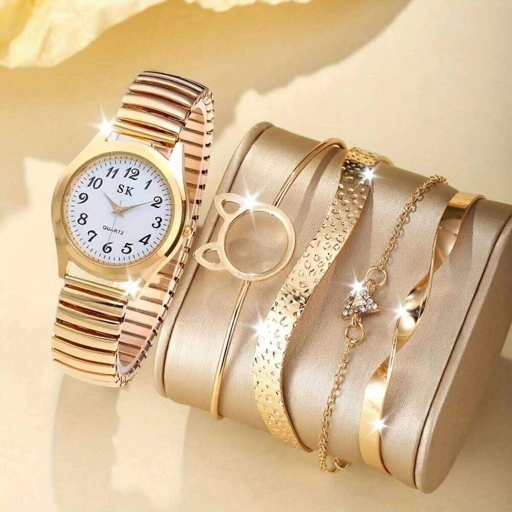 5PCS Fashion Small Roma Dial Women Quartz s Set Elegant Elastic Band Ladies Wrist Reloj MujerWithout Box H260228-image-1095902473