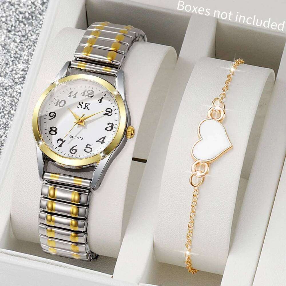 2PCS/Set Fashion Arabic Dial Women es Elastic Band Ladies Quartz Wristes Heart Set Reloj MujerWithout Box H260228-image-1095902245