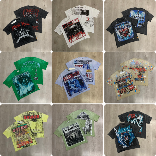 First Row shirt Men's T-shirt designer retro washed summer letter print recently loose men's and women's street short-sleeved T-shirt