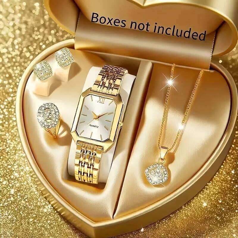 5PCS/Set Elegant Rectangle Women es Fashion Roma Dial Ladies Quartz Wrist Rhinestone Jewelry SetWithout Box H260228-image-1095902543