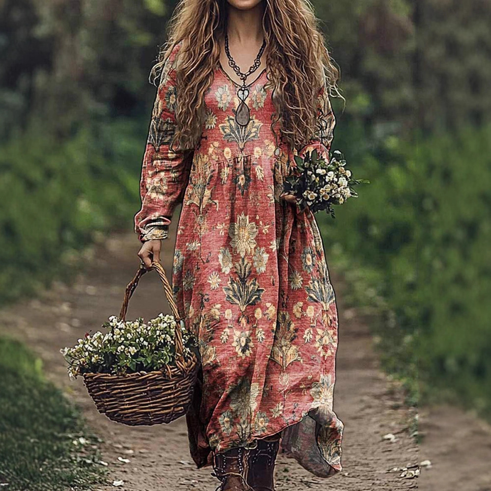M0032 Spring new women's floral 3D digital printing long-sleeved dress