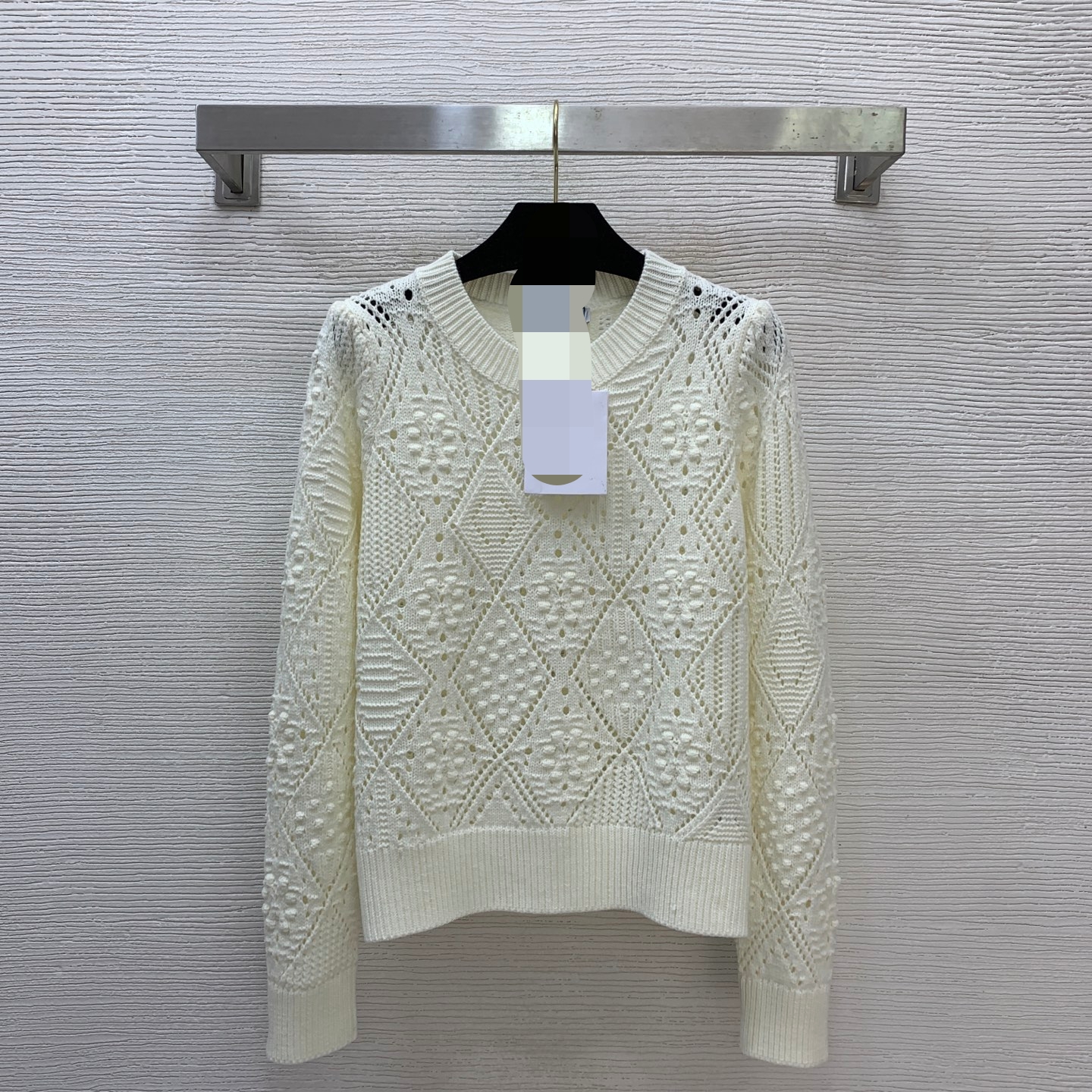 G26010740 - This is a 2026 spring/summer new style 100% wool yarn fabric open-neck pullover long-sleeved knitted top! Light beige