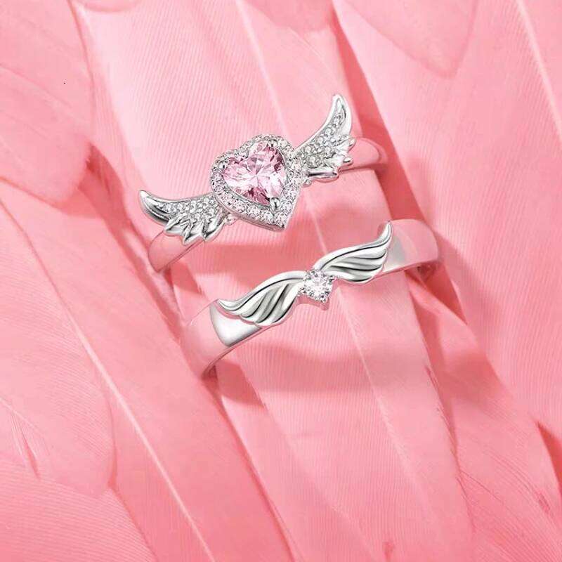 YILUOCD 2Pcs Pink Heart Zircon Rings for Couple Gold Plated Angel Wing Ring Eternity Forever Fine Jewelry Wedding Gift H2602228-image-1095884196