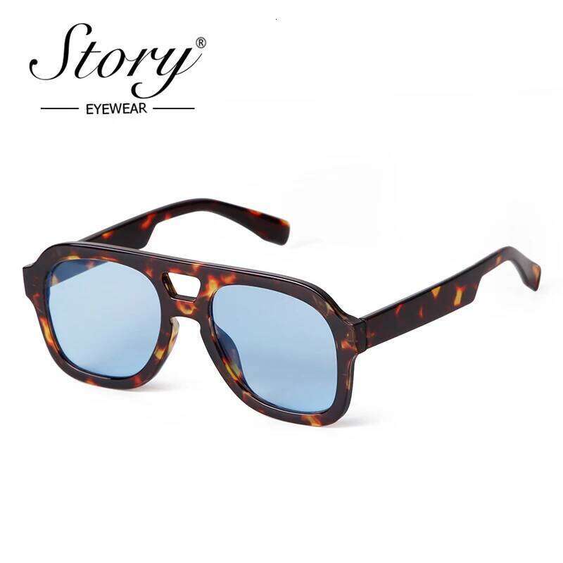 Vintage Tortoiseshell Blue Square Sunglasses Women Men Fashion Double Bridge Orange Lens Pilot Sun Glasses UV De Sol Mujer S3573 H260528