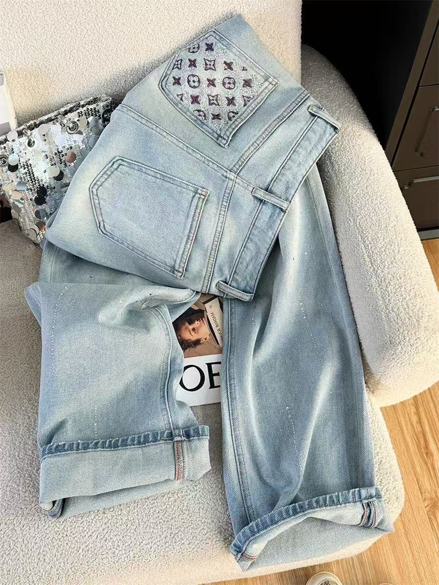 Pantalon ample taille haute de style américain, nouveau style brodé, slim, longueur au sol, pantalon en denim à jambe droite, taille S --- 2XL