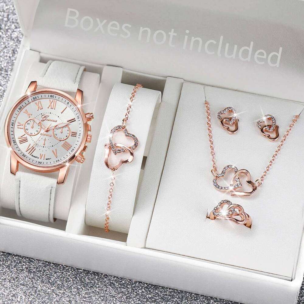 5/6PCS Women es Jewelry Set Fashion Roma Dial Ladies Leather Band Quartz Relogios FemininoWithout Box H260228-image-1095902467