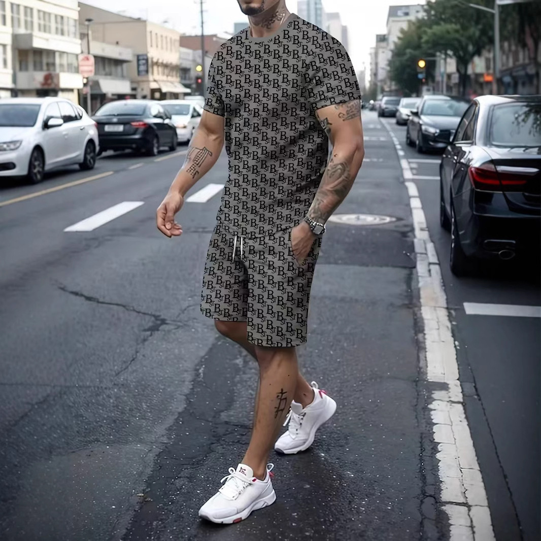 Luxury Brand Designer Clothes Foreign Trade Summer Trendy Men's Casual Sports Shorts And Short-Sleeve Shirt Printed Set