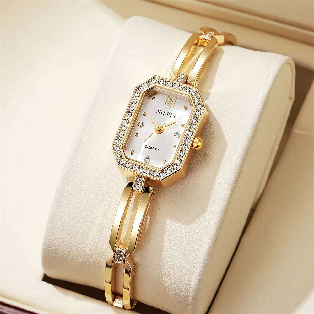 Rhinestone Women es Elegant Rectangle Stainless Steel Gold Ladies Quartz WristWithout Box H260228-image-1095902502