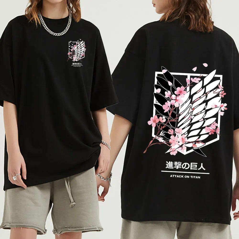 New Attack on Titan Ackerman Mikasa Eren Jaeger Cherry Blossom Graphic T-shirt Men Women Casual T Shirt Cotton Short Sleeve Tees