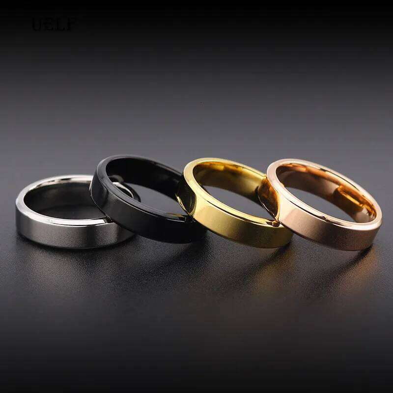 Uelf 4mm/ 6mm Classic Wedding Ring for Men Women Gold / Black/ Silver /Rose Color Stainless Steel US size H2602228-image-1095883940