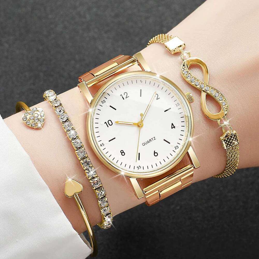 4PCS/Set Fashion Arabic Dial Women Quartz Alloy Band Ladies Wrist Rhinestone s Set Reloj MujerWithout Box H260228-image-1095902533
