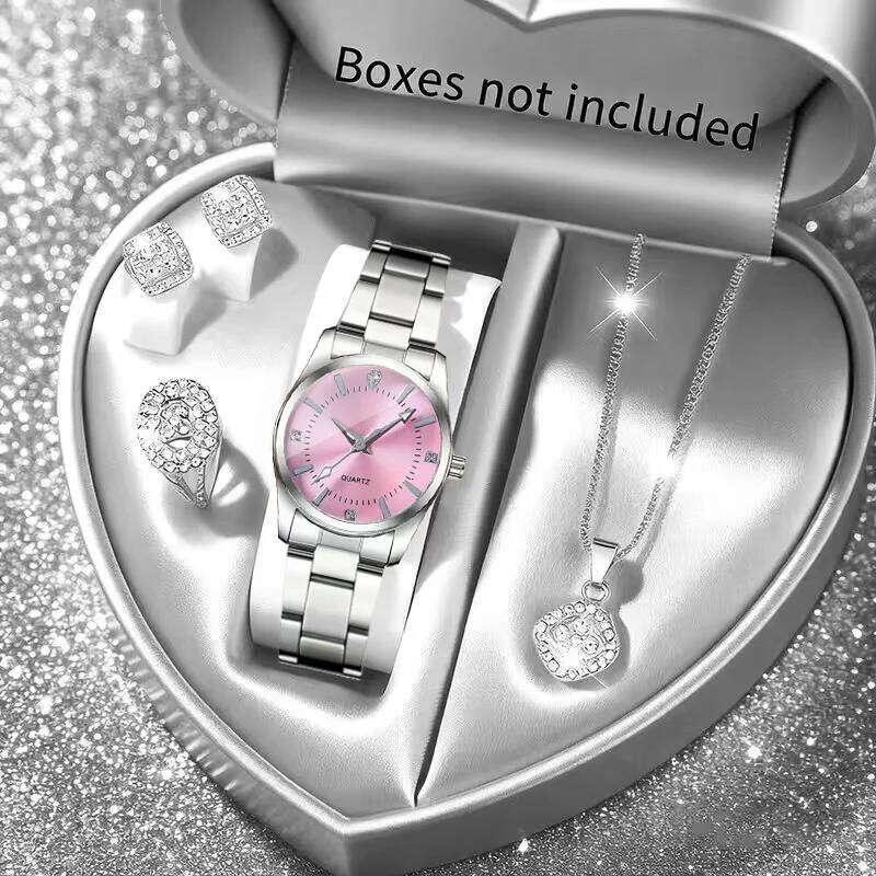 5PCS Fashion Rhinestone Women es Jewelry Set Stainless Steel Band Ladies Quartz Wrist Girls Clock Without Box H260228-image-1095902500