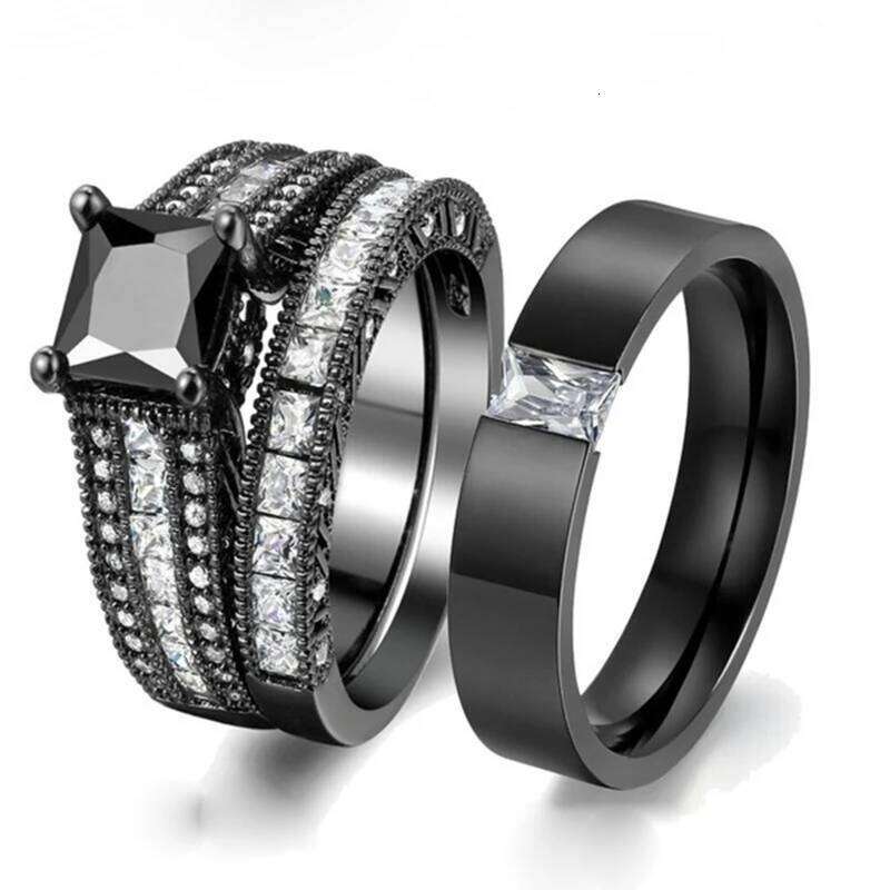 Fashion Couple Jewelry Men Stainless Steel Ring Women White/Black Zircon Rings Set Engagement Wedding Band Gift H2602228-image-1095883928