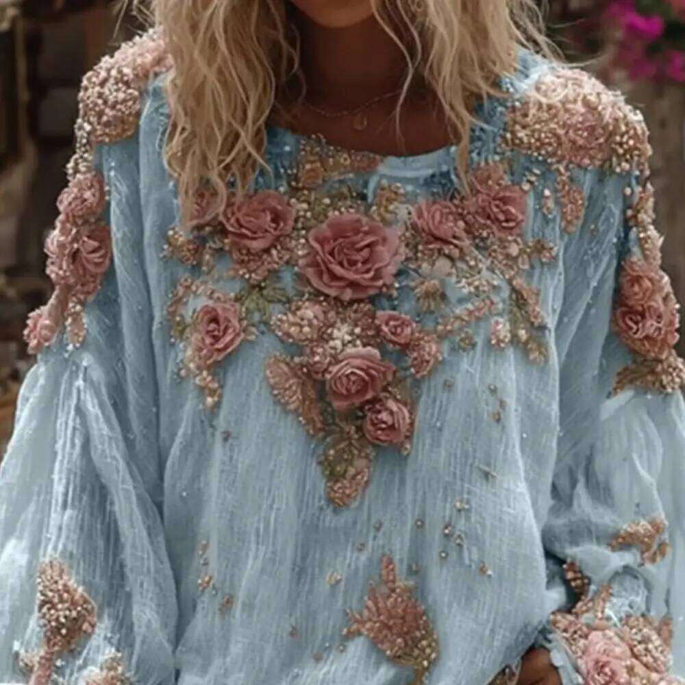 Women's Blouse 2026 Tops V-Neck Lantern Long Sleeve Loose Fit 3D Flower Pattern Casual Women Shirt Korean