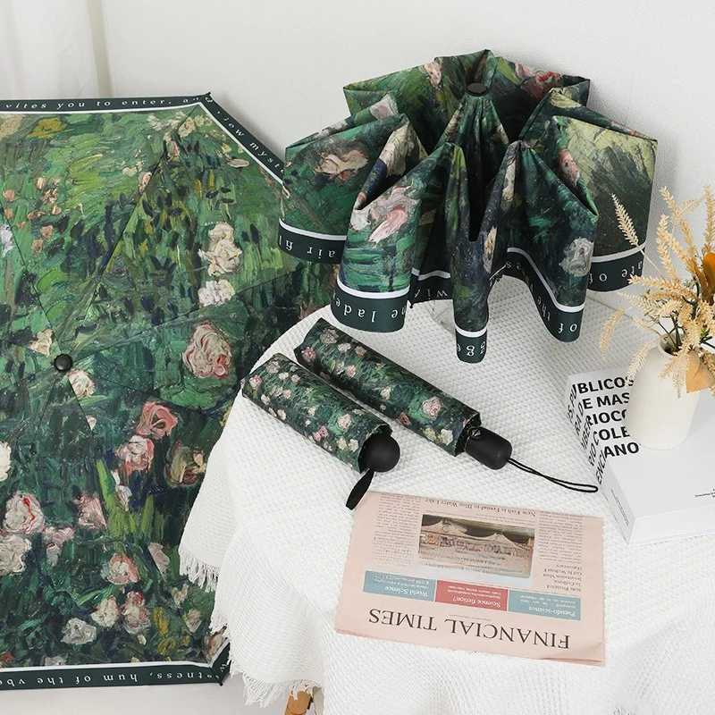 Fully Automatic Oil Painting Sunny Umbrella Folding Womens Vinyl Anti UV Sunscreen Sunshade Umbrella S2632-image-1095968167