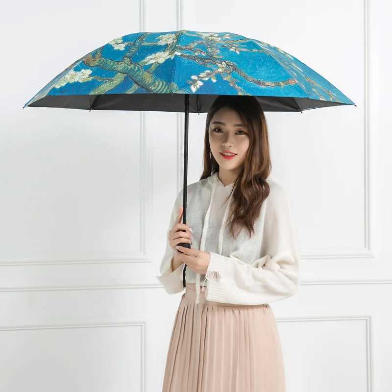 Folding Umbrella Female Windproof Van Gogh Oil Painting Umbrella Rain Female Quty Black Coated Sunshade Umbrella S2632-image-1095969367