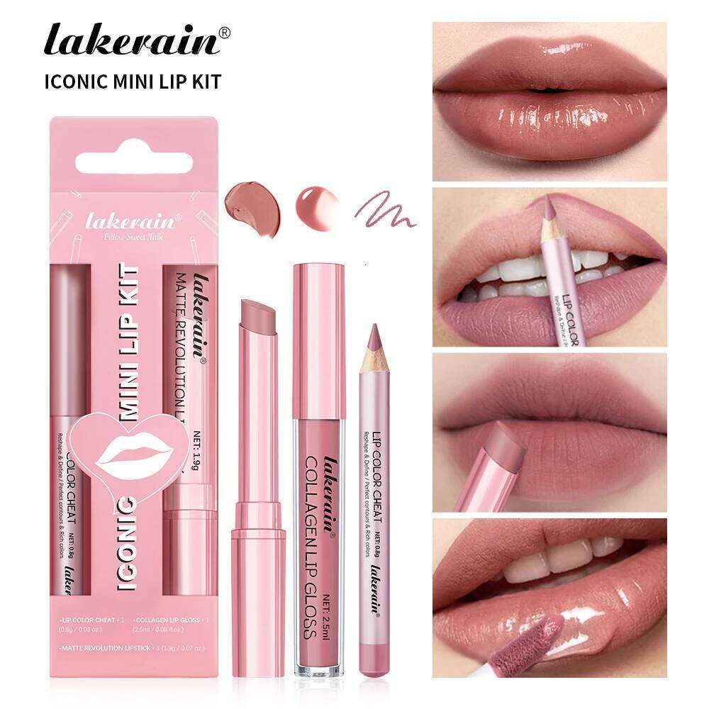 lakerain 3pcs mini matte lipstick+lip gloss+lip liner precise outline three-dimensional lip plumping lipstick set H260302-image-1096015201