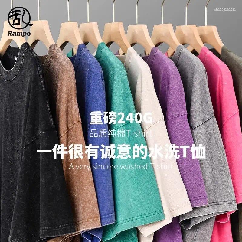 T Shirts Mens Japanese Trendy Brand Earth Color Batik Old Retro T-shirt Clothing 240g Pure Cotton Loose Shoulder Washed Short Slves L260612