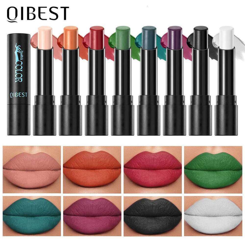 QIBEST Nude Velvet Matte Lipstick Long-lasting Highly Pigmented Tint Not Stick Cups Red Green Orange Black White Lip Stain H260302-image-1096009533