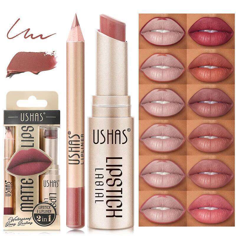 USHAS 12 Color Matte Long-lasting Waterproof Lipstick + Liner Set Easy Coloring Non-Stick Cup Lip Makeup Suit H260302-image-1096009828