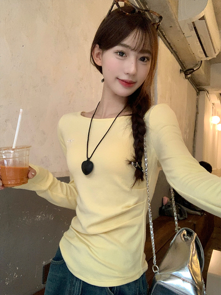M0107 Gentle wind yellow long-sleeved t-shirt women's bow embroidered in autumn with a new slim fit and thin