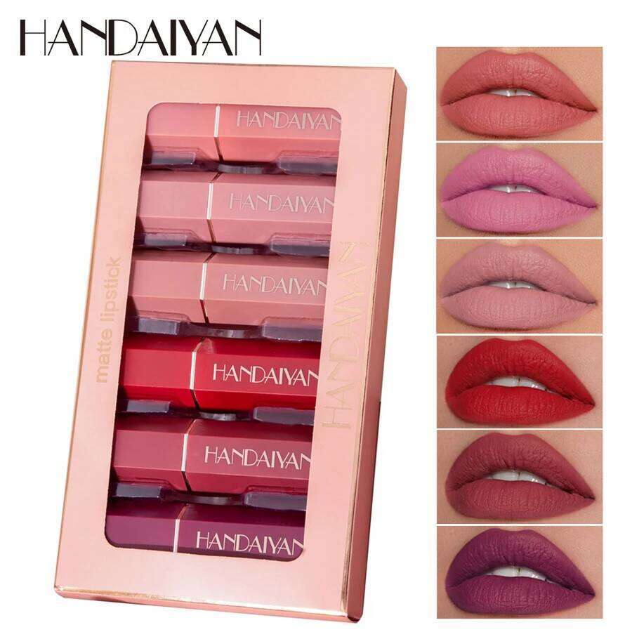 6 Colors Gold Bar Tube Matte Texture Pearlescent Glitter Velvet NonStick Cup Lipstick Valentine's Day Gift 6Pcs/Set H260302-image-1096013252