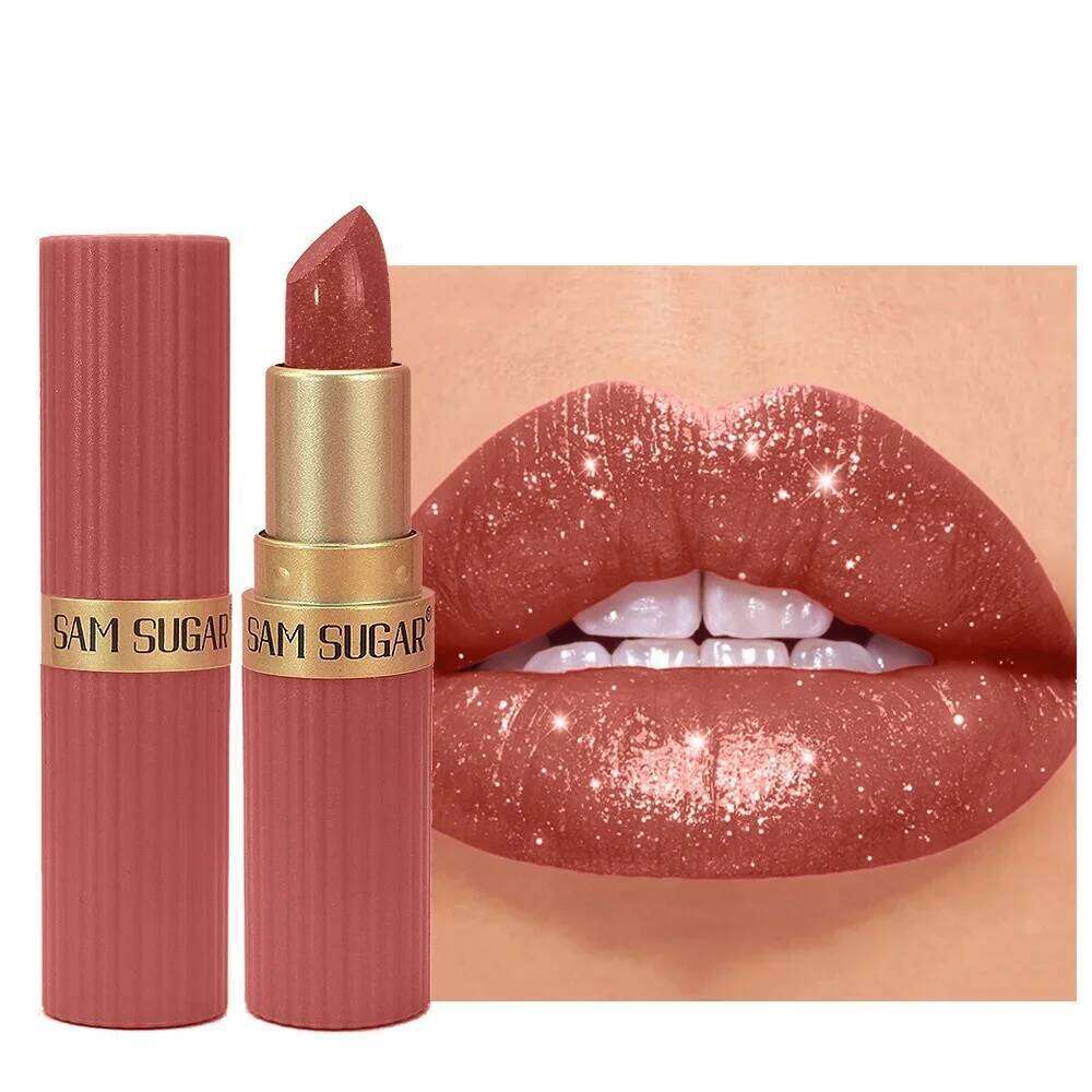 Pink Brown Metallic Glitter Lipstick - Long-Lasting Waterproof Shimmery Pearl Sparkling Lip Gloss Luxurious Makeup H260302-image-1096014374