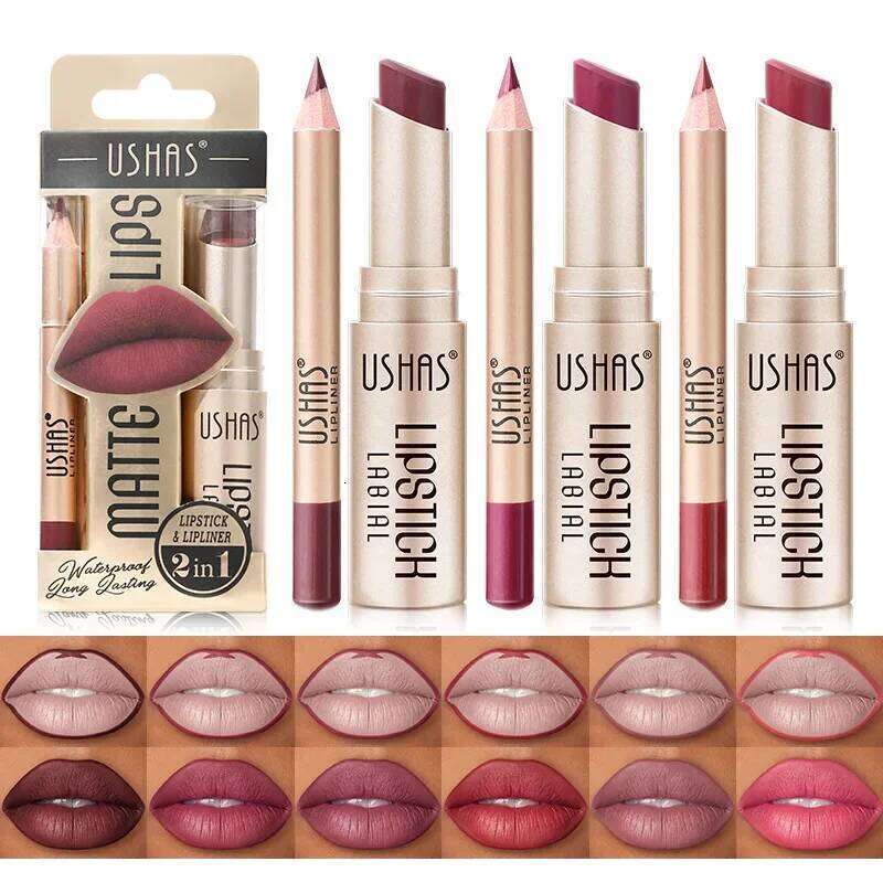 USHAS 12 Color Liner Plus Lipstick Easy Coloring Matte Lip stick Not Dry Long Lasting nude red lipsticks Lipliner Set H260302-image-1096015247