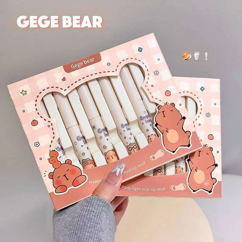 gege bear 6-Color Lip Gloss Lipstick Set Liquid Velvet Matte Women's Makeup Long-lasting Waterproof Non-stick Cup H260302-image-1096012172