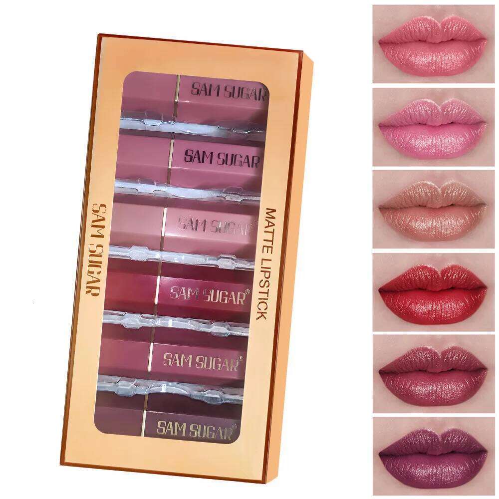 6pcs Matte Shiny Diamond Lipstick Set Long Lasting Non Sticky Moisturizing Velvet Lip Makeup Kit Sexy Red Colors H260302-image-1096014221