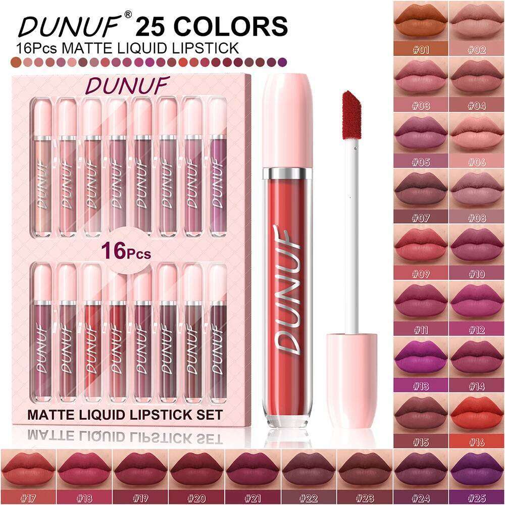 Matte Lip Gloss 16pc/set: Waterproof Lipstick Moisturizing Long Lasting Non-Stick Cup, Nude, Y2K Christmas Valentine's Day Gifts H260302-image-1096015024