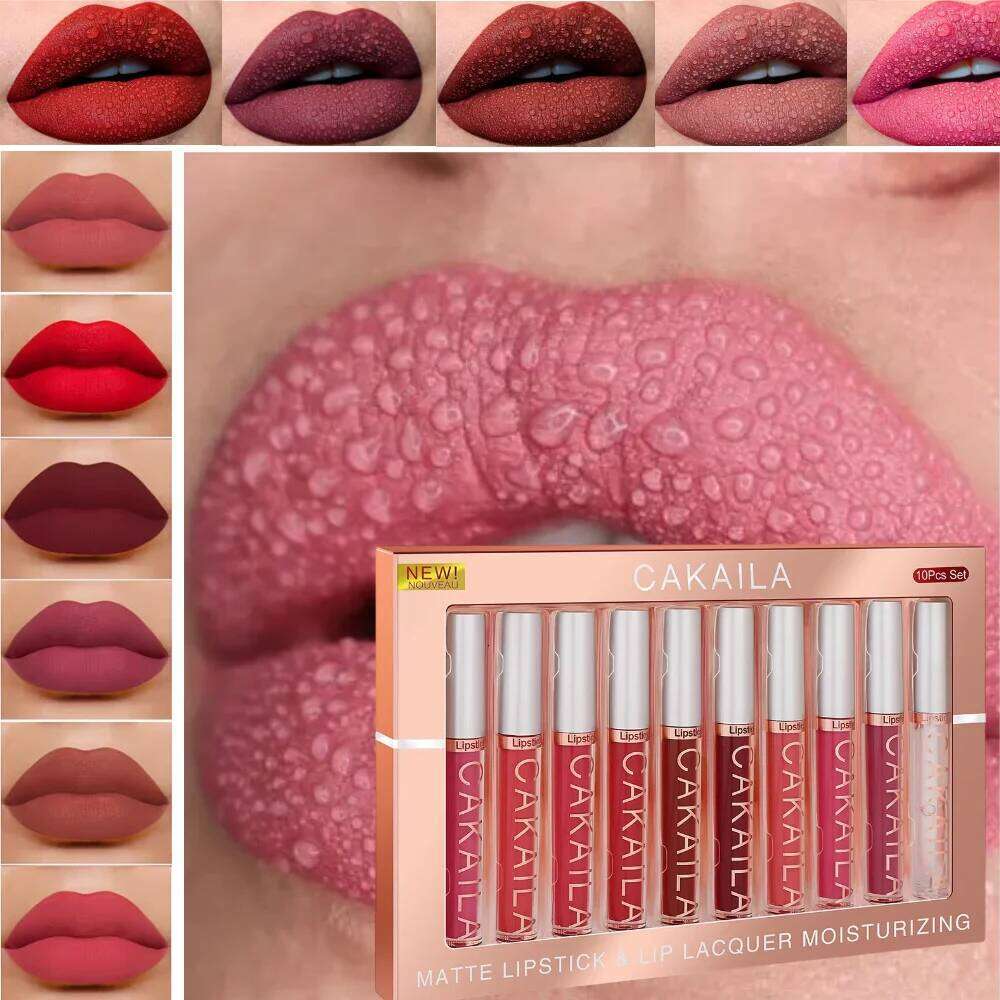 CAKAILA 10 pcs Matte Velvet Nude Lip Gloss Set Lipstick color showing waterproof non-stick liquid lipstick lip gloss H260302-image-1096013095