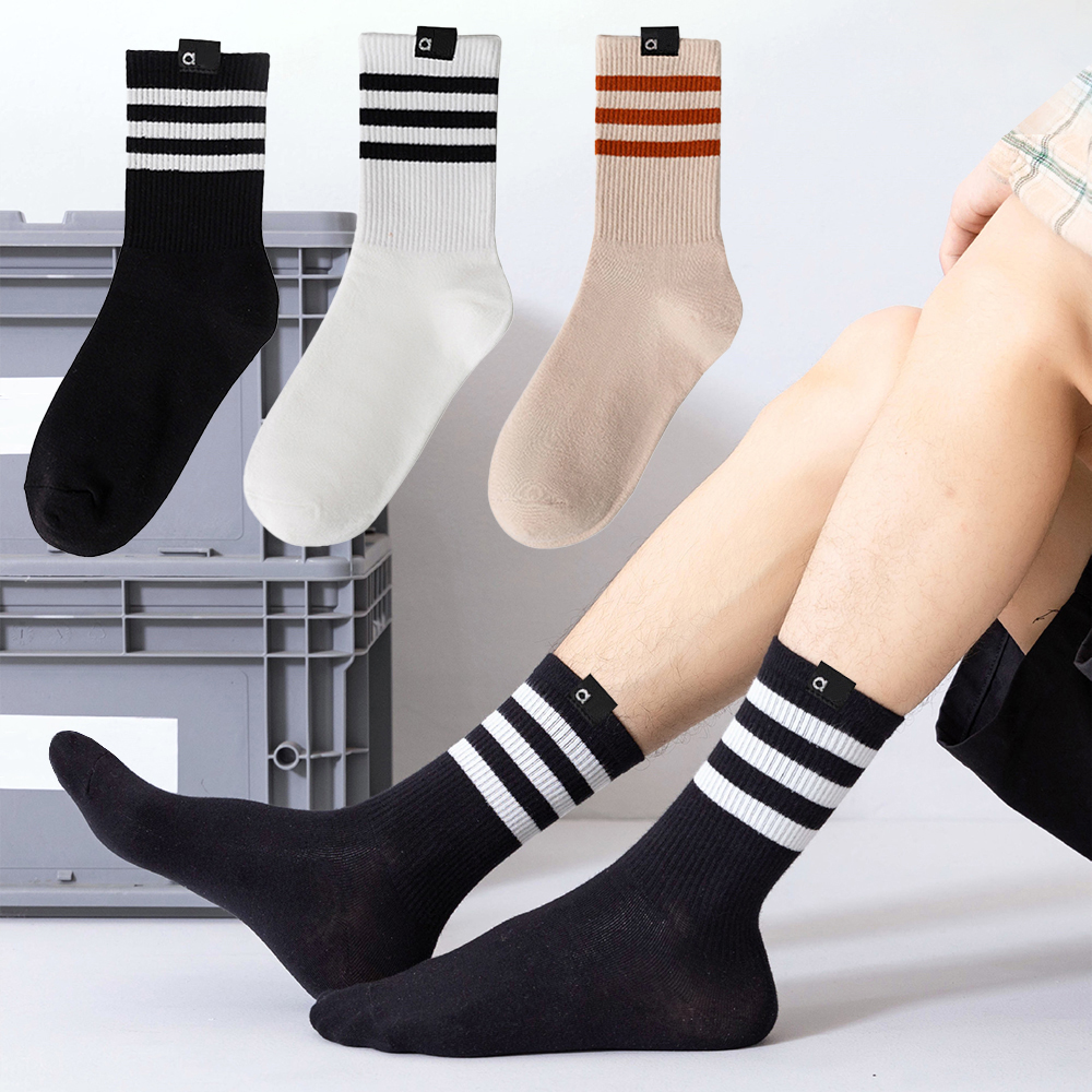 Unisex Cotton Socks Running Fitness Sports Sweat Absorbing Breathable Mid-tube Socks Striped Sock-image-1095968331