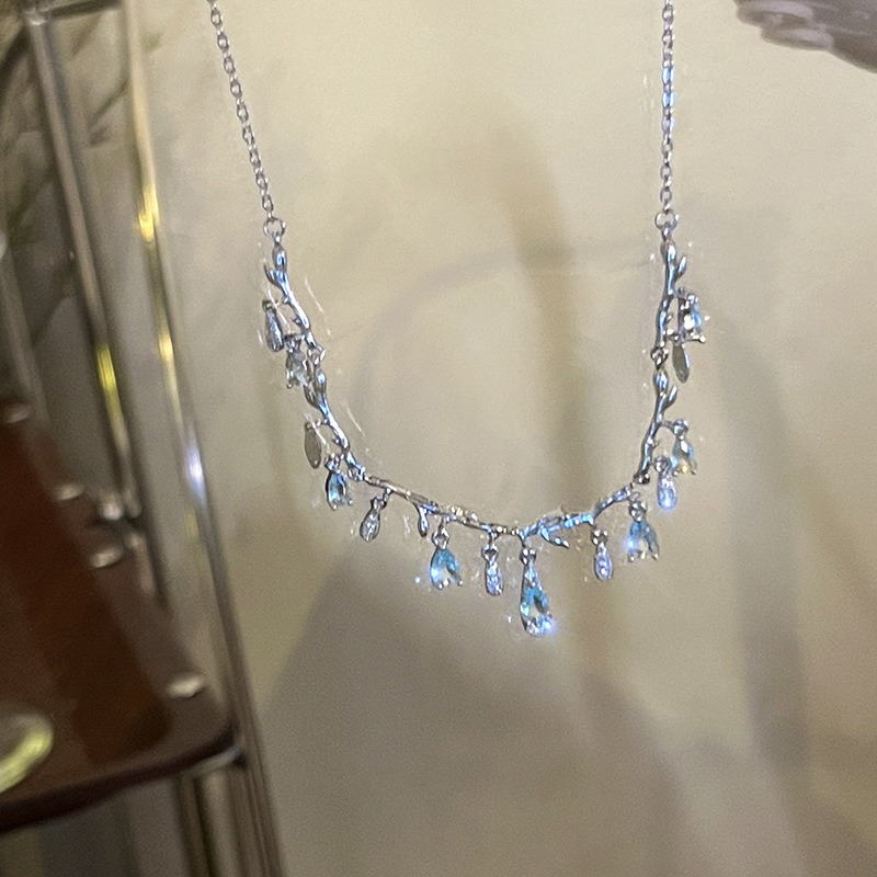 Women's Zircon Inlaid Waterdrop Branch Tassel Pendant Necklace Elegant Dainty Clavicle Chain Stylish INS Style Waterproof Anti-fade Fashion-image-1103936159