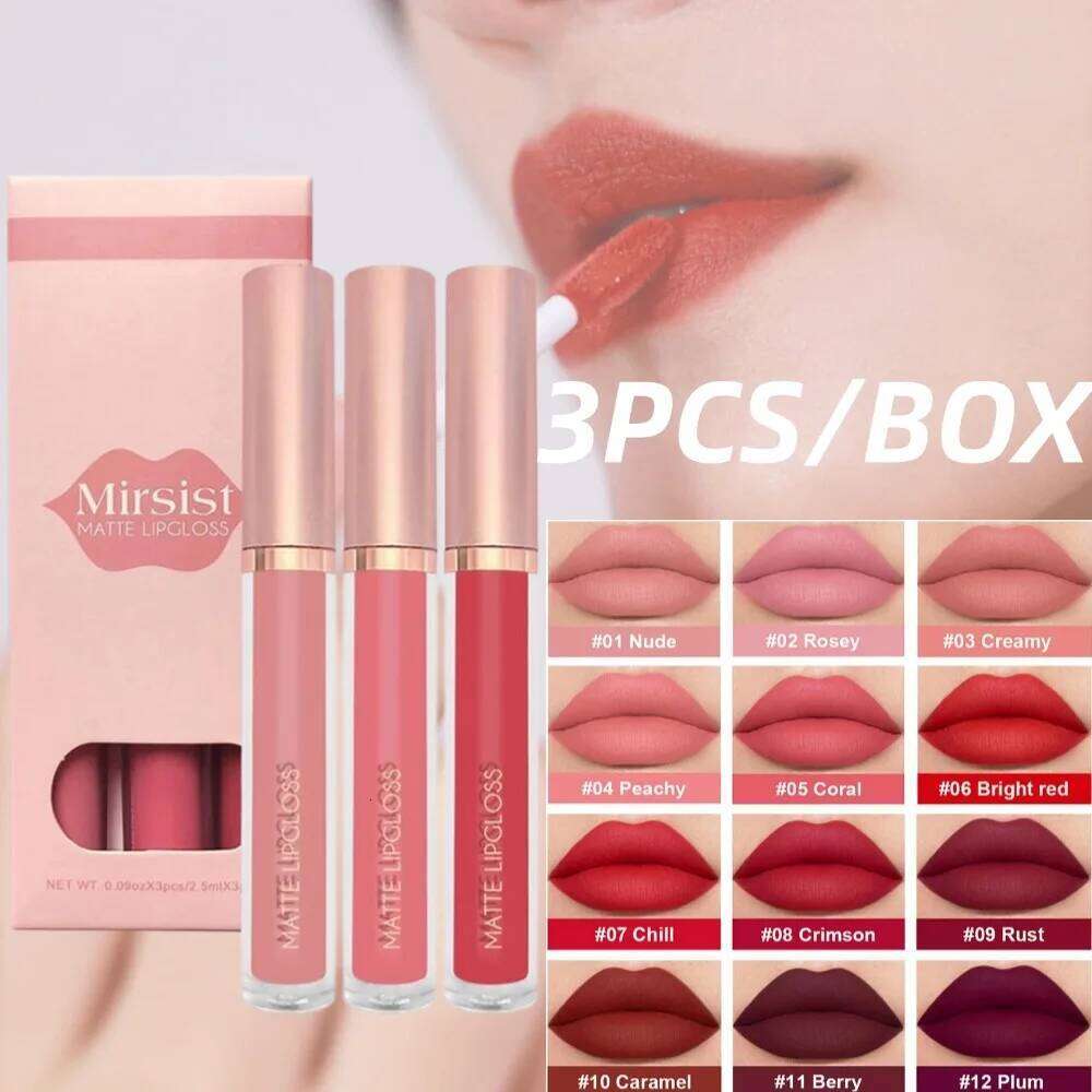 3pcs/set Nude Gloss Matte Velvet Waterproof Long-lasting Liquid Lipstick Women Moist Lip Tint Non-Stick H260302-image-1096011371