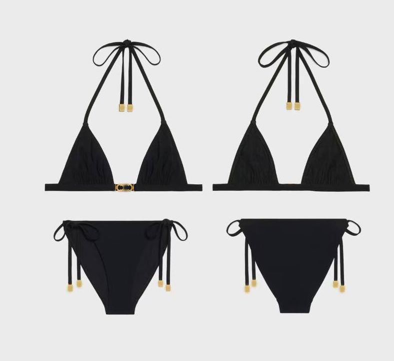 2026 Summer Women's Swimwear Womens Solid Color Swimsuit Simple Slimming Hanging Neck Split Bikini Sets Beachwear-image-1095948406