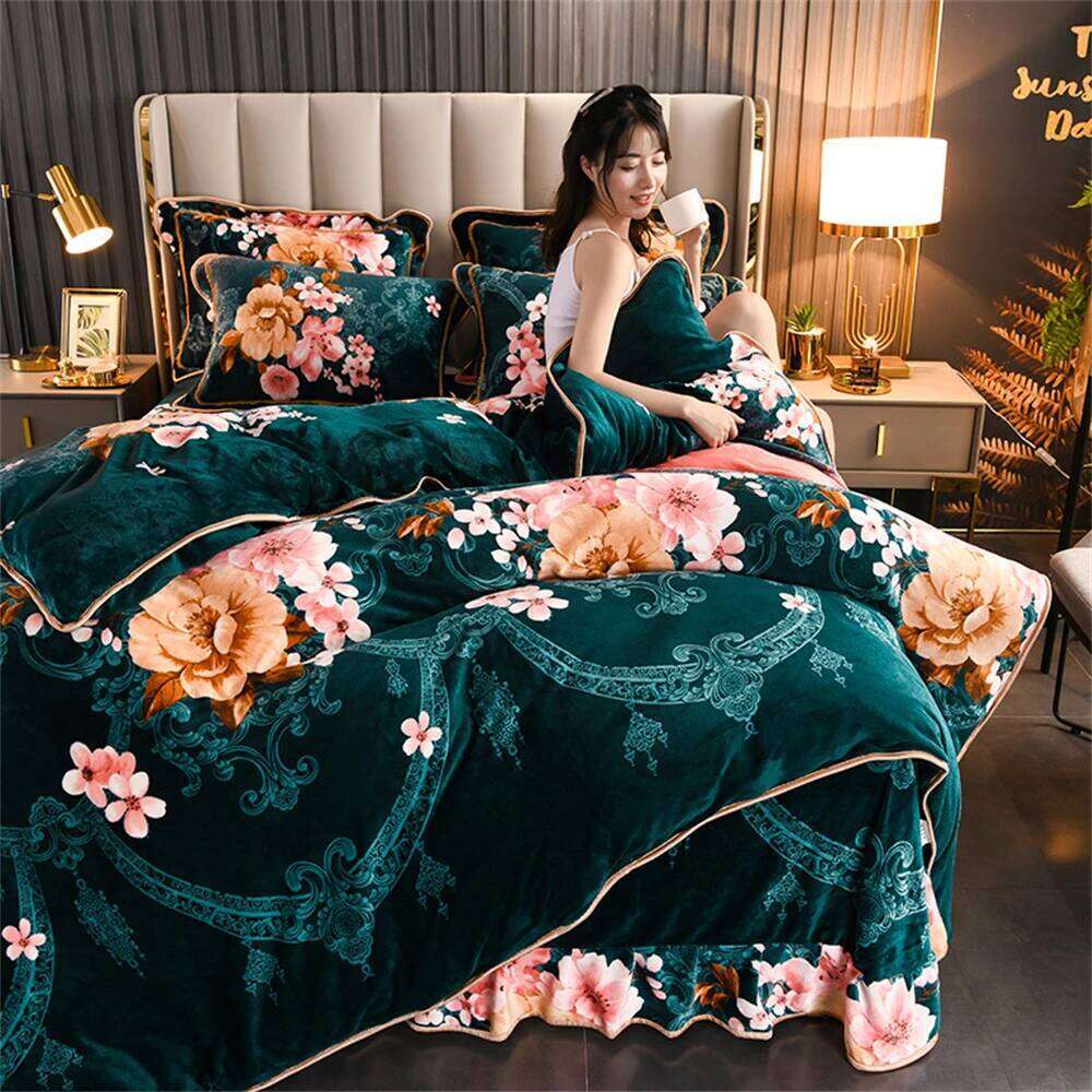 Winter Warm Coral Bedding Sets Home Double-Sided Thickened Flannel Four-Piece Set Quilt Cover Sheet Milk Velvet Bed Skirt W260302-image-1096027147
