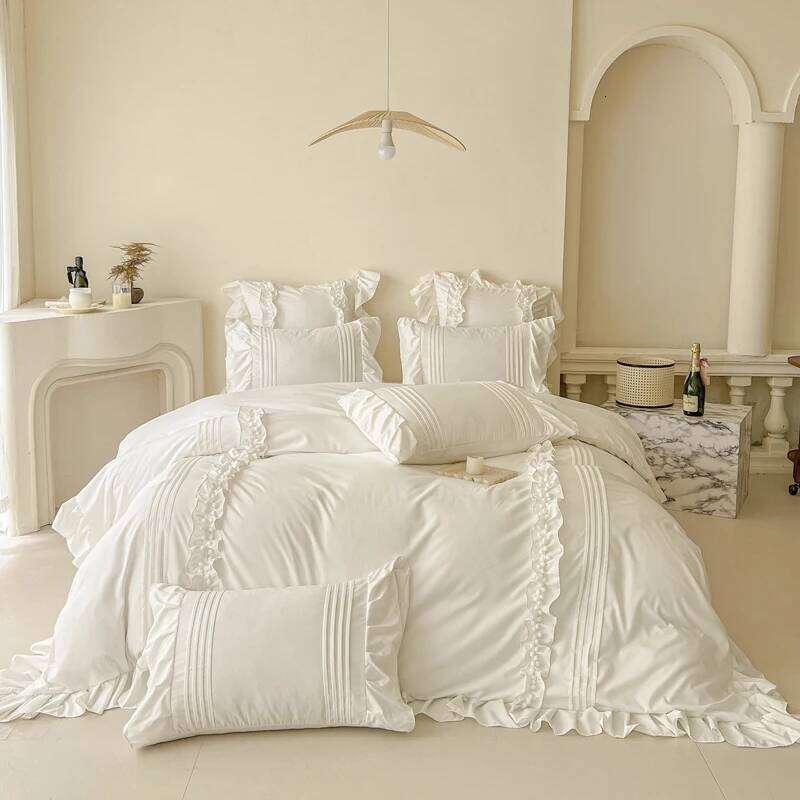 For Korean Princess Style Lace Ruffles Bedding Solid Color Duvet Cover Set Flat/Fitted Bed Sheet Pillowcases With Pillowcase W260302-image-1096027030