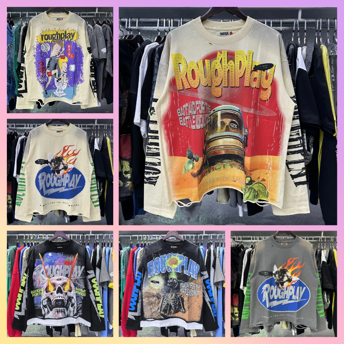Sweats à capuche de concepteur pour Rough Play T-shirt graphique à manches longues Hommes Femme Épissé Qualité Vintage Washed Streetwear Ripped H