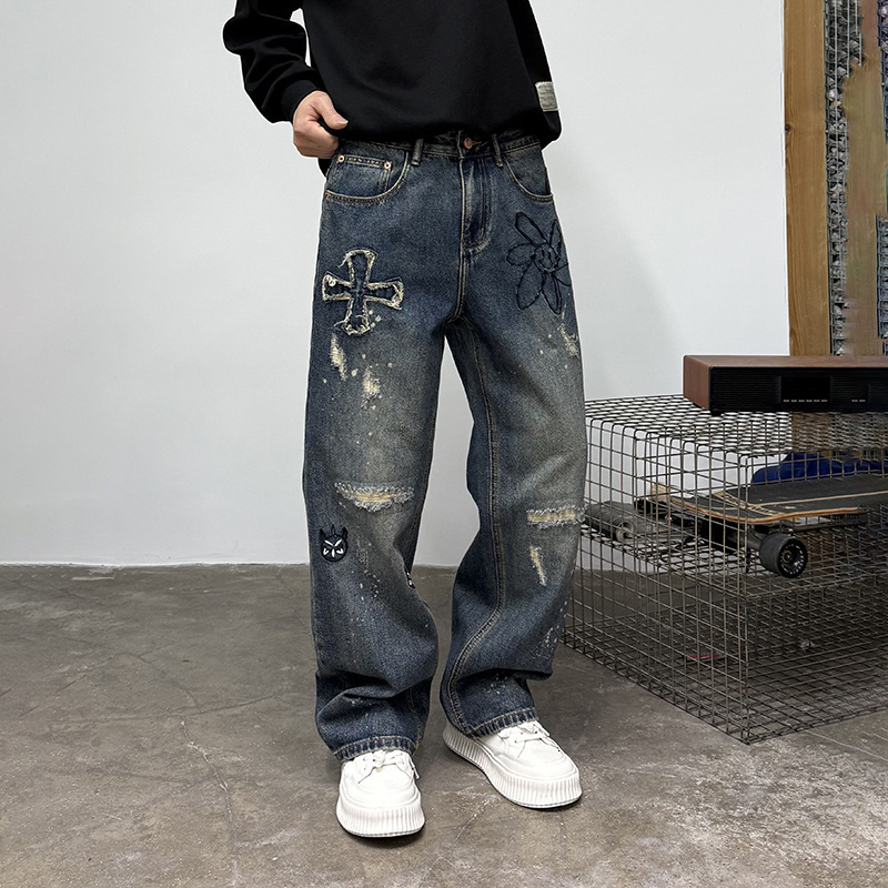 Luxury Brand Designer Clothes 2025 Fall/Winter New American Style Cross Embroidery Jeans For Men, Ripped And Paint-Splattered Loose Straight-Leg Tro