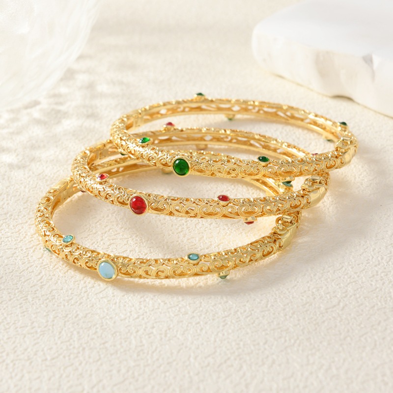 Women's Ancient Gold Craft Bangle With Exquisite Carved Hollow Auspicious Cloud And Treasure Pattern Green Jade Bangle Vintage Oriental Luck-image-1103930519