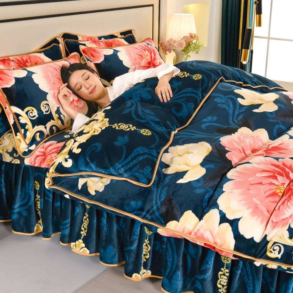 Thickened Winter Warm Coral Bedding Sets Home Double-Sided Class A Four-Piece Set Quilt Cover Sheet Milk Velvet Bed Skirt W260302-image-1096027109