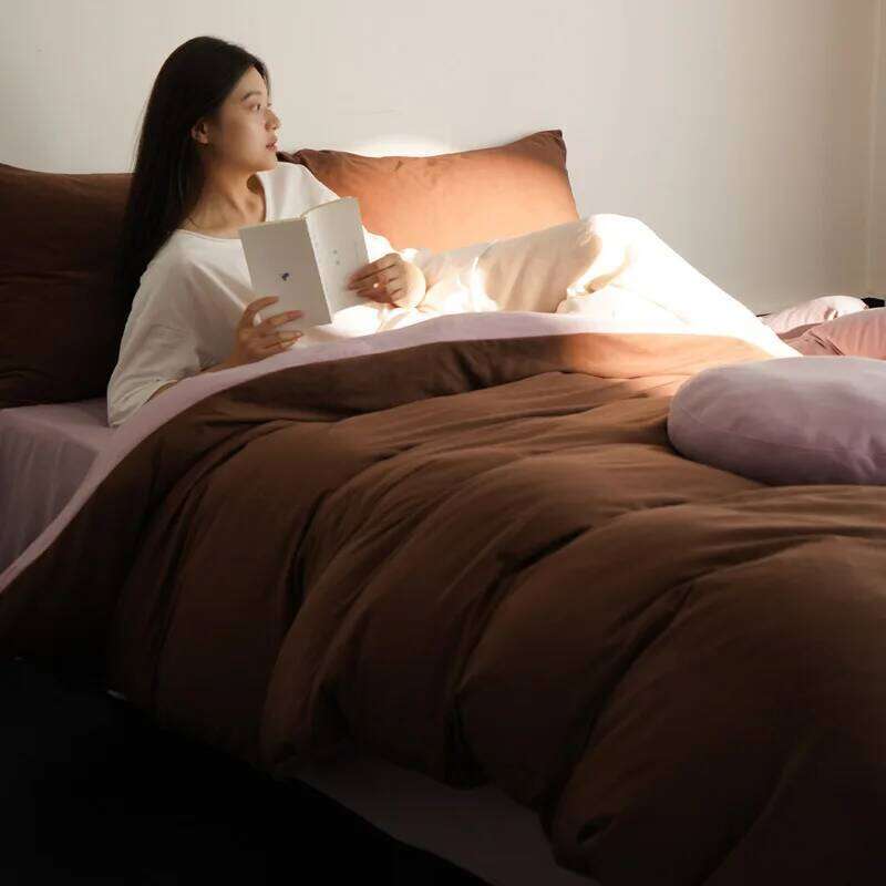 Customizable kneaded fleece solid color double-spell four-piece set antibacterial thickened skin-friendly bed sheet quilt cover W260302-image-1096026967