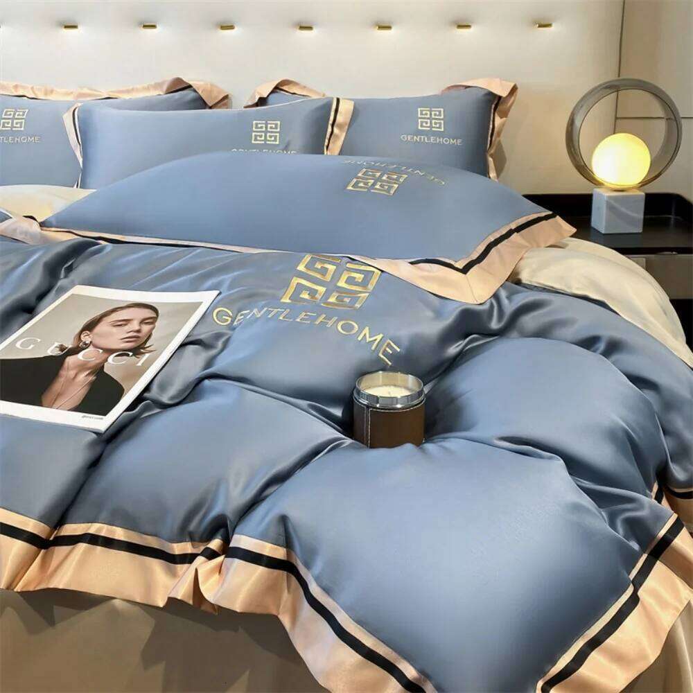 Luxury Embroidery Four-Piece Washed Ice Silk Smooth Sleeping Naked Summer Duvet Cover Bed Sheet Pillowcases Bedding Set W260302-image-1096027114