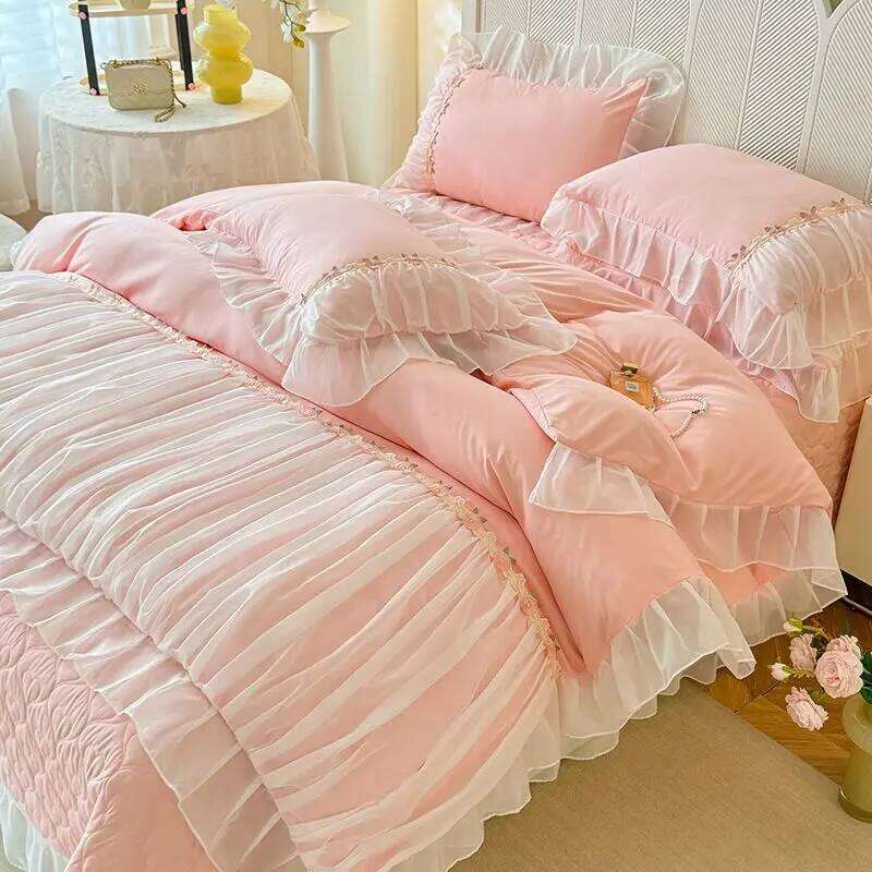 For Light Luxury French Four-piece Bedding Set Washed Cotton High-grade Fairy Solid Color Bed Sheet Quilt Cover W260302-image-1096027083