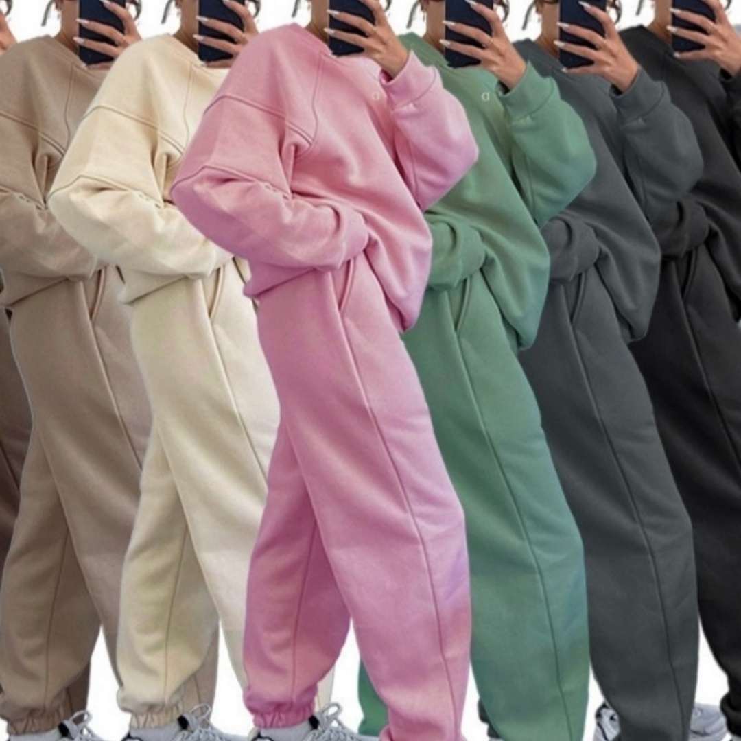 A1606 Ensemble sweat à capuche 3D pour femme avec pantalon de jogging assorti pour les saisons froides, coupe ample, couleur unie, col rond, manc