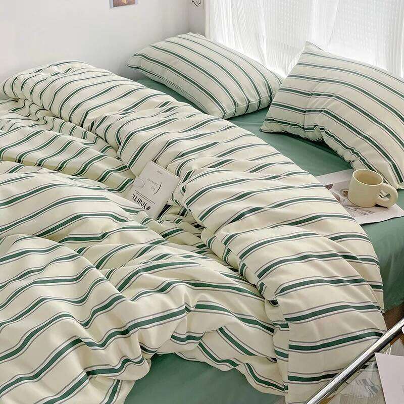 Bed Linen Duvet Cover Home Sheets Comforter Kpop Blogger Style Striped Four-piece Set Brushed Three-piece of Bedding W260302-image-1096027016